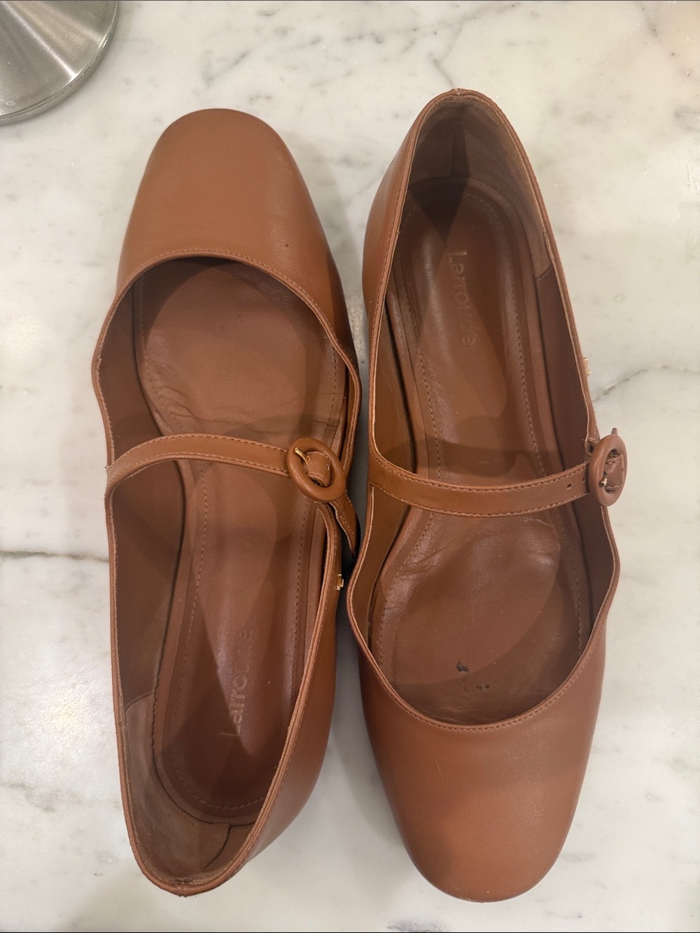 Larroude Tan Mary Jane Leather Flats with Button Strap